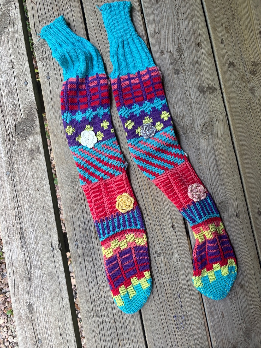 Handmade Multicolor Knit Over-the-Calf Socks crochet boho whimsical artsy flower